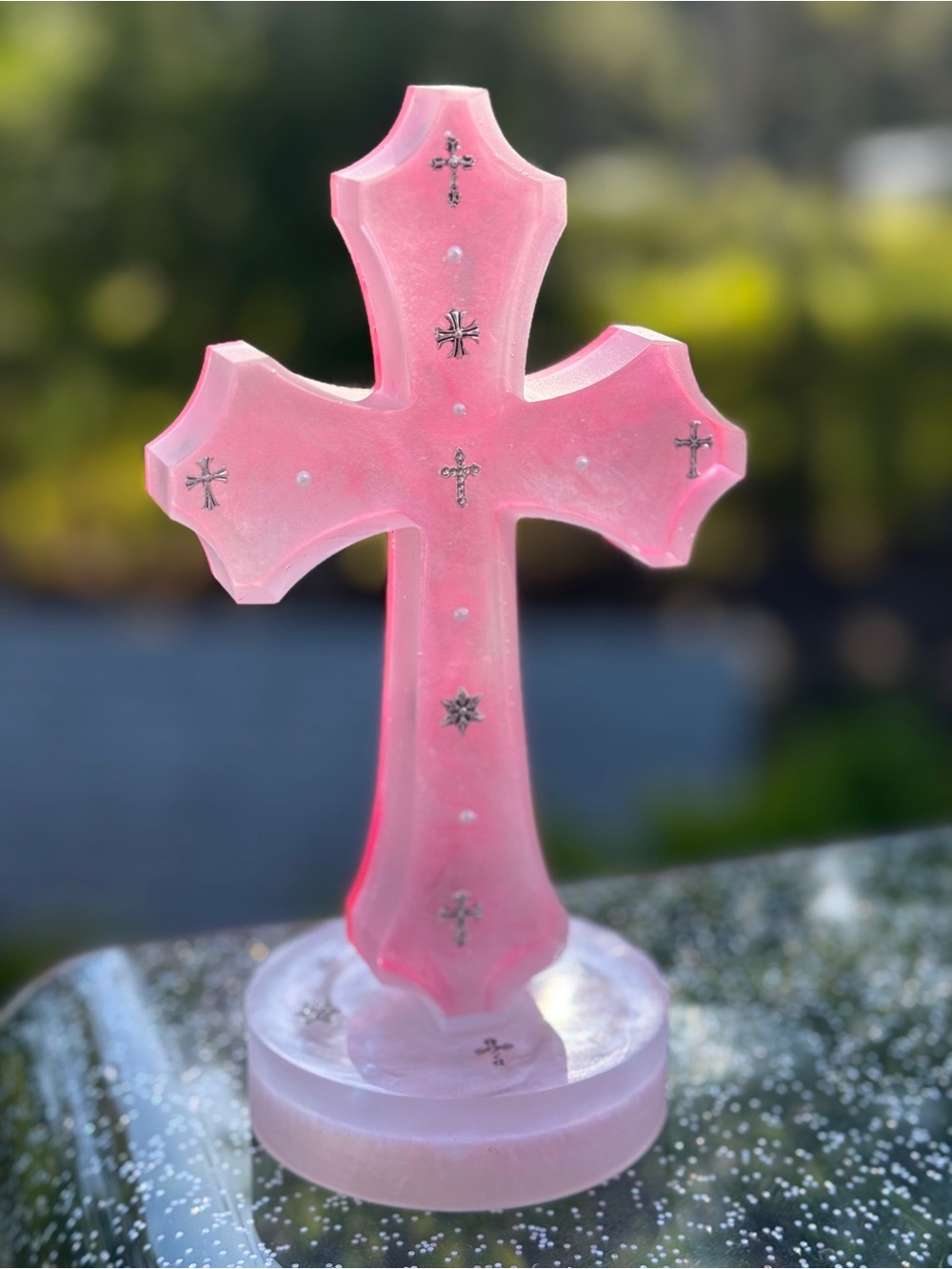 Pink Decorative Cross - Home Art Accent - Custom made with Resin